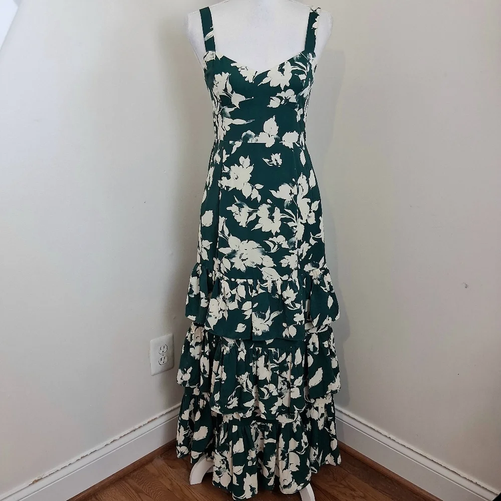 Abercrombie & Fitch Green and White Ruffled Maxi Dress Size Small - Picture 2 of 11